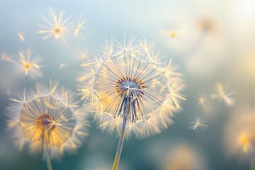 Obraz premium Close-up of delicate dandelion seeds dispersing in soft glowing light, dreamy artistic style, on a pastel gradient background, concept of freedom. Ai generative