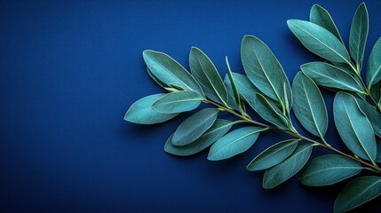Obraz premium Elegant green foliage on textured dark blue background for natural decor