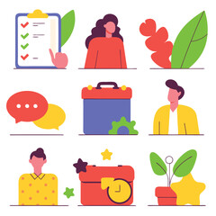 Flat vector icons for web and mobile applications depicting diverse business concepts, people, and communication symbols