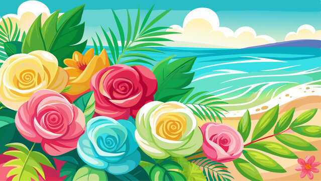 turquoise sea white sand and beautiful wild pink yellow white red roses flowers gtrrn palm leaves on summer beach holiday background copy space ...