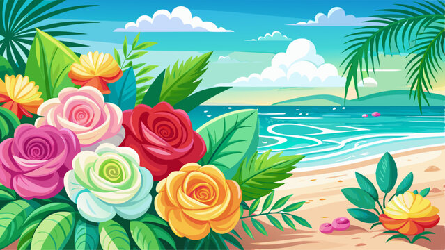 turquoise sea white sand and beautiful wild pink yellow white red roses flowers gtrrn palm leaves on summer beach holiday background copy space ...