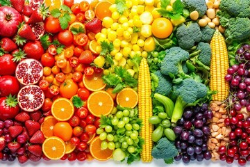 Assorted colorful fruits and vegetables arranged in a rainbow gradient, realistic style, on a white background. Concept of healthy eating. Ai generative