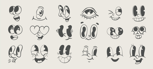 Retro mascot parts set, vintage cartoon eyes, groovy character design kit