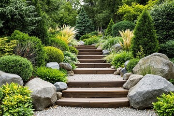 Wooden garden stairs bordered with vibrant shrubs, grasses, and rocks on a lush green background, concept of landscape design and garden beauty. Ai generative