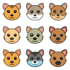 Fototapeta premium Funny cartoon set of cute animal character heads including cats, dogs, and bears, perfect for an icon collection or vector illustration