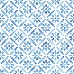 Seamless watercolor pattern. Blue geometric elements on a white background. Handmade. Geometric ornament, bohemian cute print. Uneven edges.