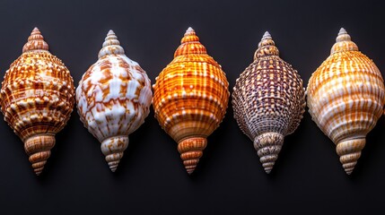A playful and vibrant scene of seashells and starfish arranged on a black background. 