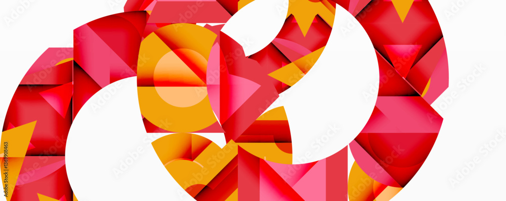 Poster Abstract geometric composition with interlocking circular and angular shapes, featuring smooth gradients and sharp contrasts on a white background