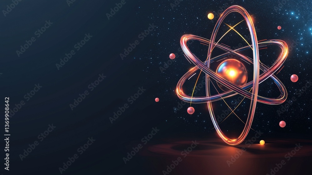 Poster a vibrant depiction of an atom with orbits and particles, illustrating the concept of atomic structu