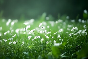 Delicate white flowers in a lush green field