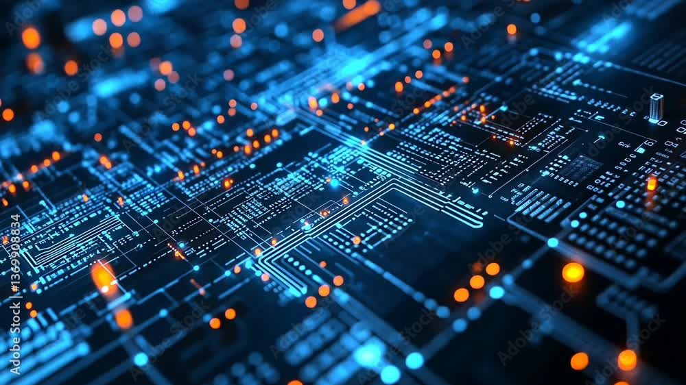 Aufkleber detailed view of an abstract digital circuit board design with glowing elements in blue and orange c