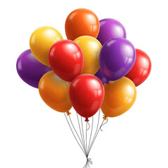 Vibrant Cluster of Glossy Celebration Balloons Realistic Red, Orange, Yellow, and Purple Party Decorations with Soft Lighting and Tangled Strings on Light Background for Festive Occasions