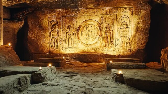 Echoes of Antiquity: Inside an ancient, weathered cave, detailed stone carvings illuminate, their forms telling tales of a distant era in a mesmerizing display.