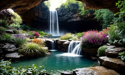 Naklejka premium Breathtaking spring sunrise over a majestic waterfall in a lush green valley – Stunning outdoor landscape with soft golden hues and fresh flowers