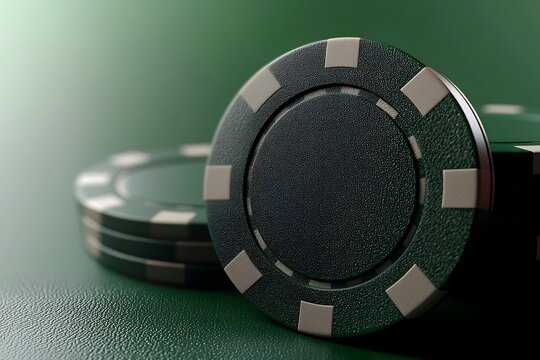Green casino poker chips with embossed logo and texture