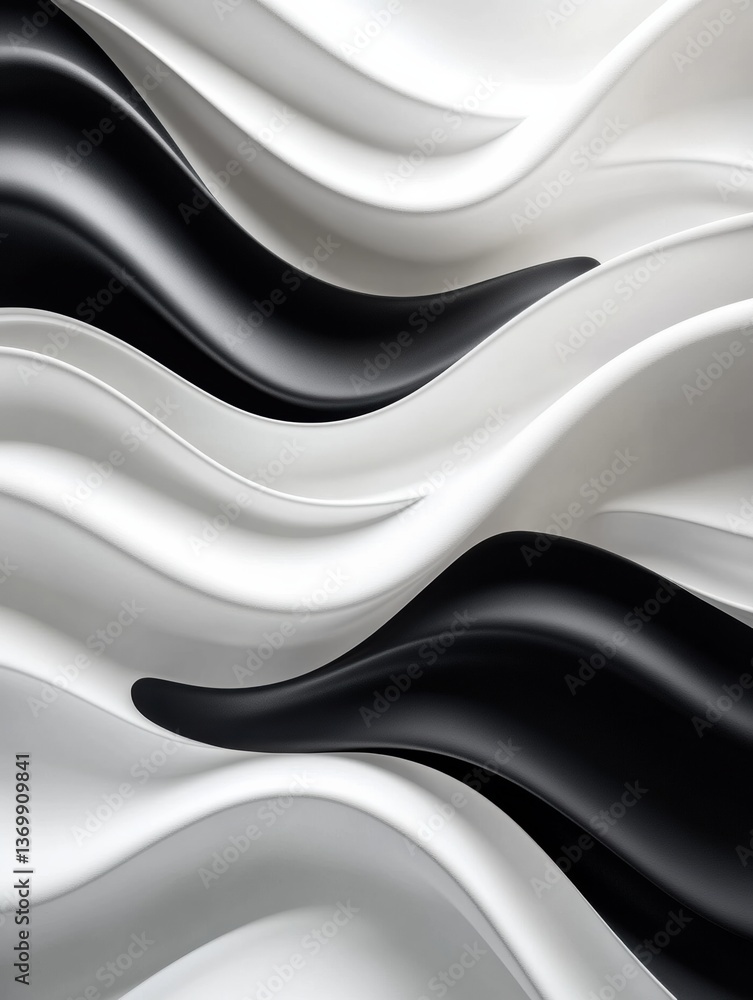 Poster Futuristic abstract pattern showcasing soft 3D waves in monochrome, creating a smooth and modern minimalist aesthetic