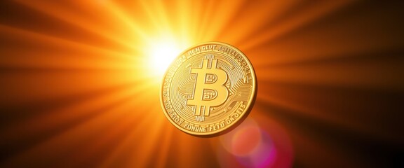 Dynamic Bitcoin Coin with Radial Light Rays, Dramatic Cryptocurrency Photography for Financial Technology Marketing and Digital Economy Publications

