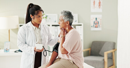 Blood pressure, consultation or doctor with mature patient for exam, healthcare and care in nursing...