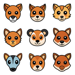 Fototapeta premium Funny cartoon animal head icons set with cat, dog, bear, fox, pig, tiger, rabbit, lion, and panda characters