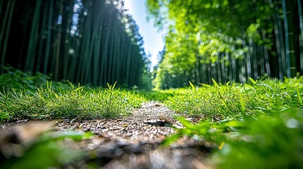 Sunlit Path Through Lush Green Bamboo Forest