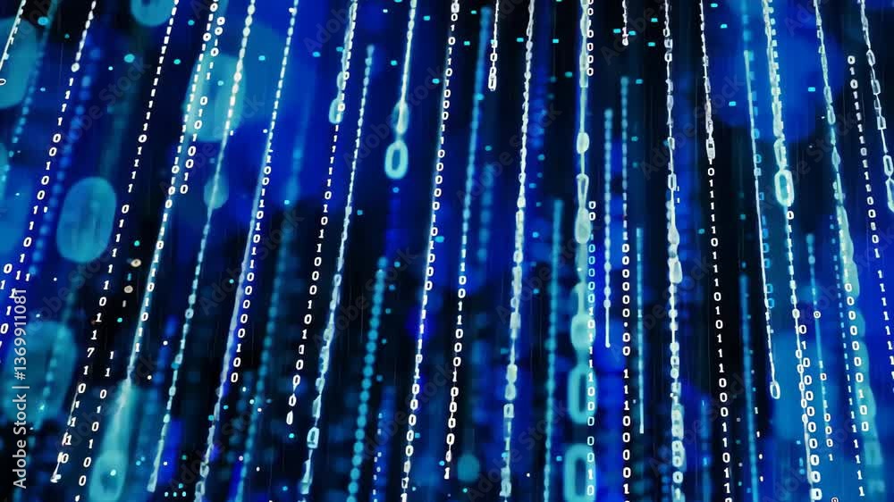 Poster a cascading effect of binary code streams downward against a rich blue backdrop, illustrating the co
