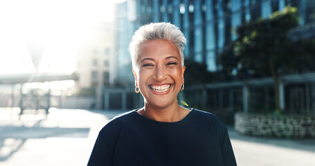 Portrait, employee and woman with smile, city and commuting to work in morning, social worker and road. Outdoor, human services professional and mature person on urban street, confident and travel
