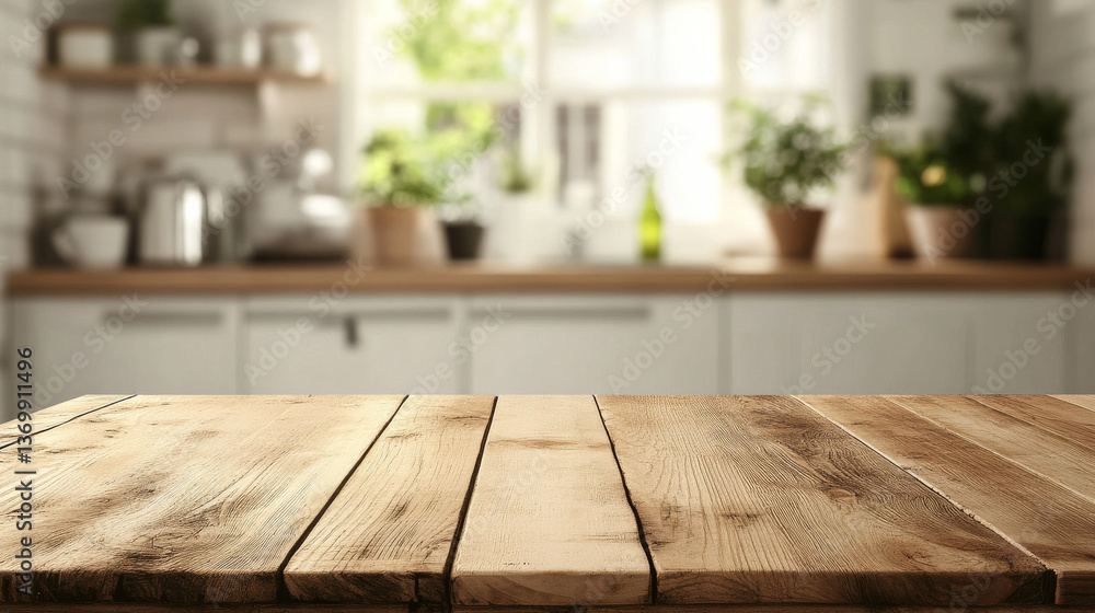 Aufkleber an empty wooden table with a softly blurred kitchen setting in the background