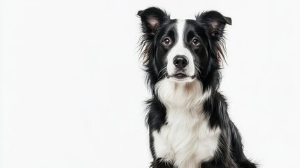 Striking black and white collie portrait. Realistic oil painting captures the dog's intelligent gaze against a clean white backdrop