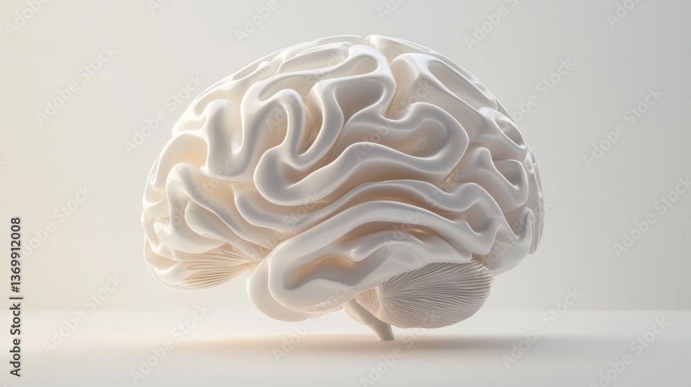 Poster a 3d rendering of a human brain with a smooth texture and modern design, isolated on white.