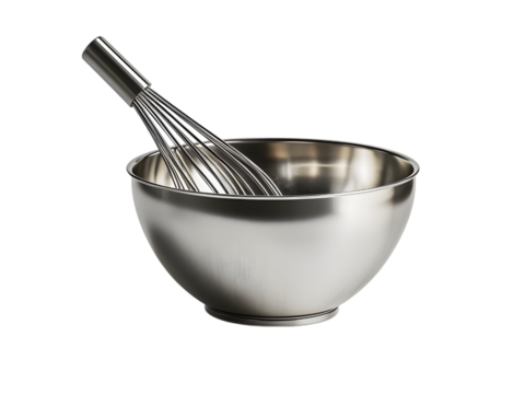 Stainless steel mixing bowl with a whisk inside