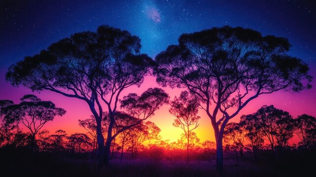 Vibrant Sunset Silhouette: Australian Outback Twilight