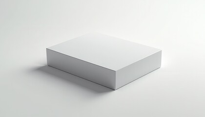 A white rectangular box sits on a white surface, its simple, clean design ideal for product packaging mockups. Subtle shadows and a minimalist aesthetic enhance its versatile presentation