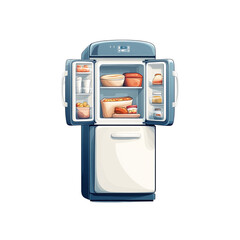 Isolated isometric refrigerator with open doors transparent background food display