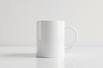Obraz premium White ceramic mug with handle standing on glossy surface, minimalist graphic style, neutral background. Concept of simplicity and branding. Ai generative