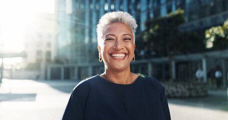 Portrait, employee and woman with smile, outdoor and commuting to work in morning, social worker...