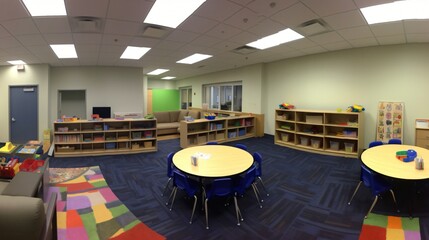 Bright and Colorful Preschool Classroom with Learning Resources