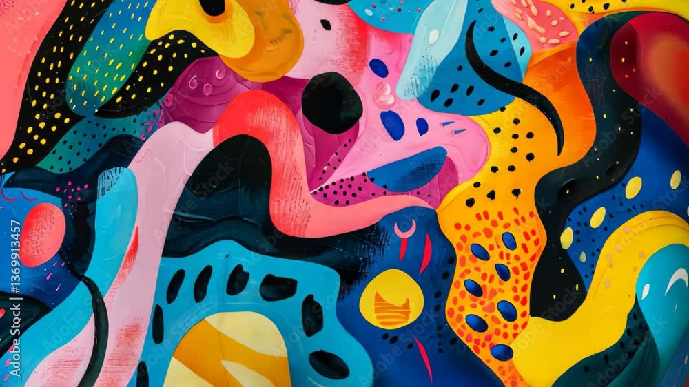Poster this artwork displays a dynamic composition of swirling shapes and vibrant colors, creating a sense 