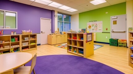 Bright and Colorful Preschool Classroom Interior with Play Area and Storage