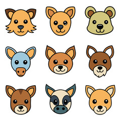 Fototapeta premium A funny cartoon animal collection with cute vector pet, bear, fox, rabbit, pig, cow, and lion character faces