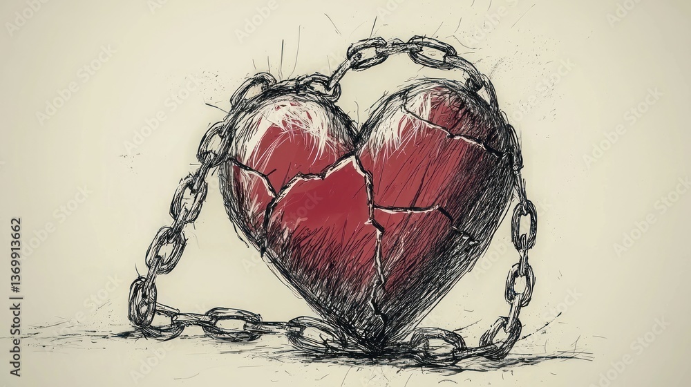 Poster a broken heart sketch with a broken chain around it, symbolizing separation.