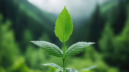 Single vibrant green leaf sprouting in a lush natural setting