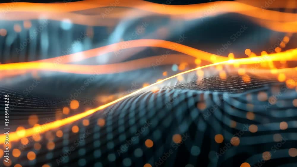 Poster a mesmerizing digital landscape features interconnected glowing orange and blue lines creating wave-