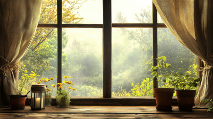 Rustic window view natural nature landscape scene scenery wallpaper backdrop © Pattanapan