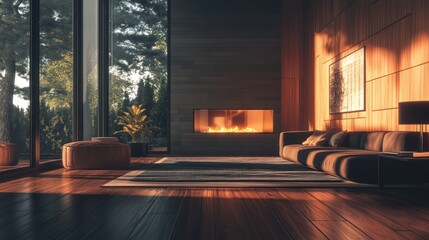 Fototapeta premium Modern living room with fireplace, sunlit and forest view. Interior design for peaceful living