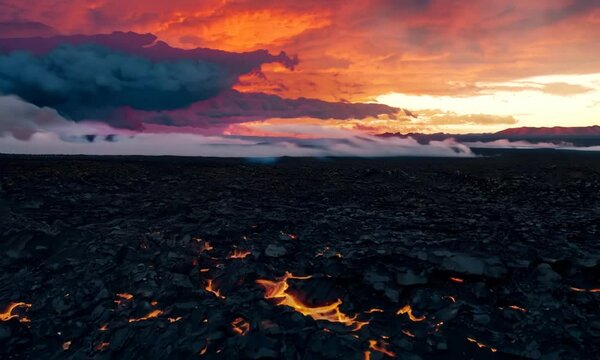Lava Field under sunset clouds on background