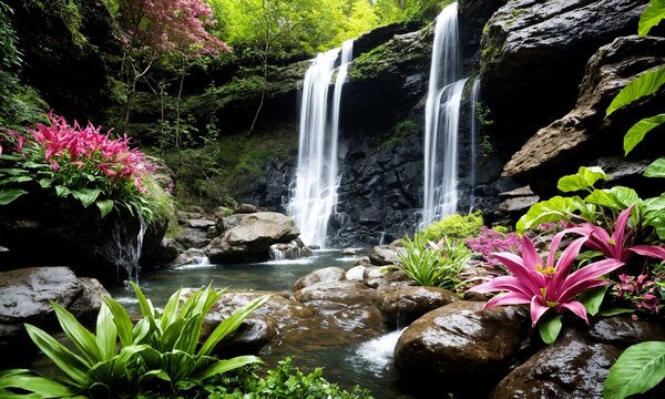 Enchanting morning scene with a waterfall flowing through a vibrant spring garden – Golden sunrise illuminating misty air and tranquil waters - Powered by Adobe