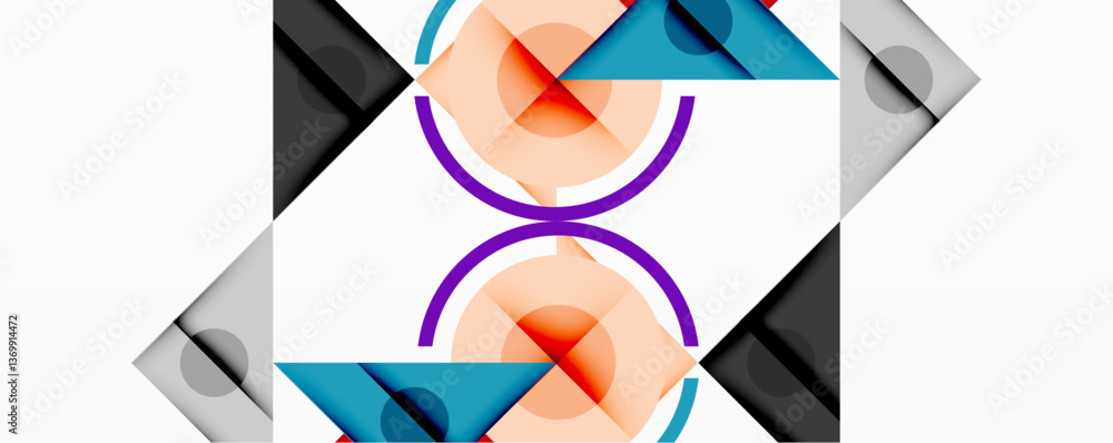 Poster Abstract geometric composition with intersecting triangles, circles, and gradients, creating a dynamic layered pattern with depth and contrast