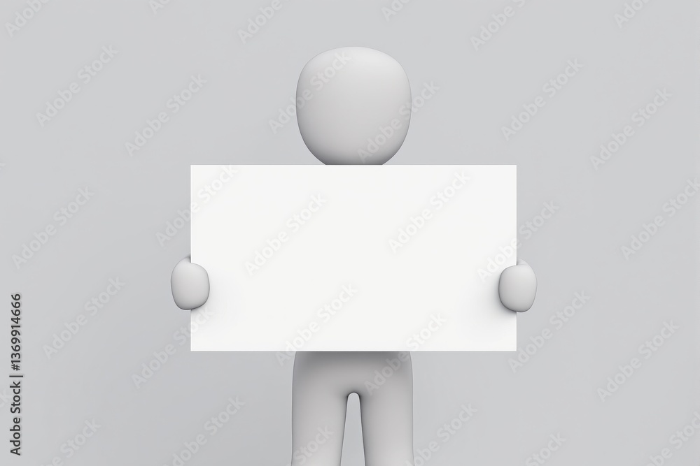 Poster minimalistic white humanoid figure holding a blank rectangular sign with both hands, smooth style on