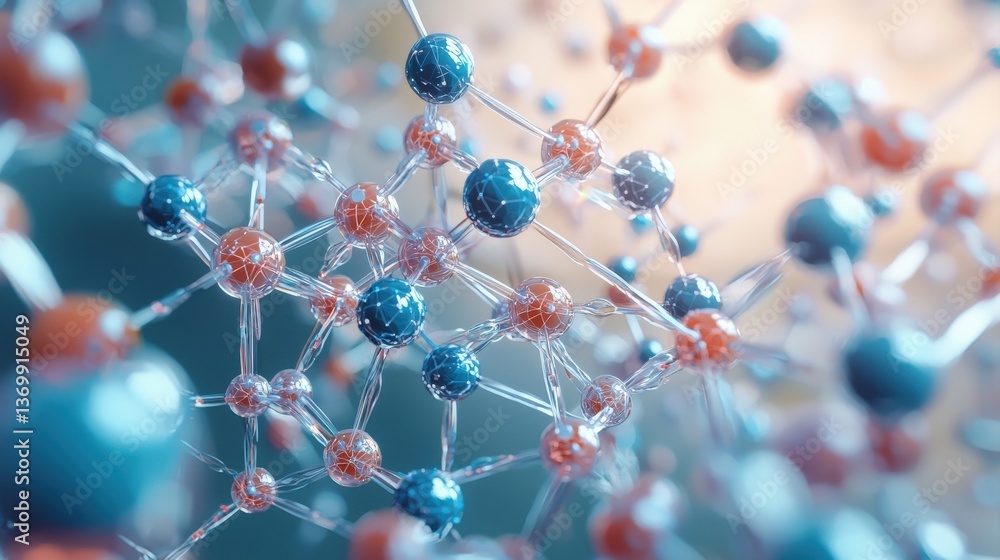 Poster a close-up view of interconnected molecules showcasing vibrant blue and orange atoms against a soft 