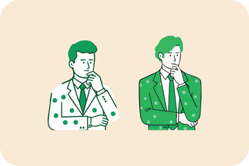 Contemplative Businessmen Illustration: Two Men in Suits, Pensive Gestures, Thinking or Analyzing Concepts